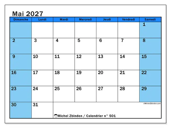 Calendrier mai 2027 à imprimer - Études dynamiques - Semaine du dimanche au samedi