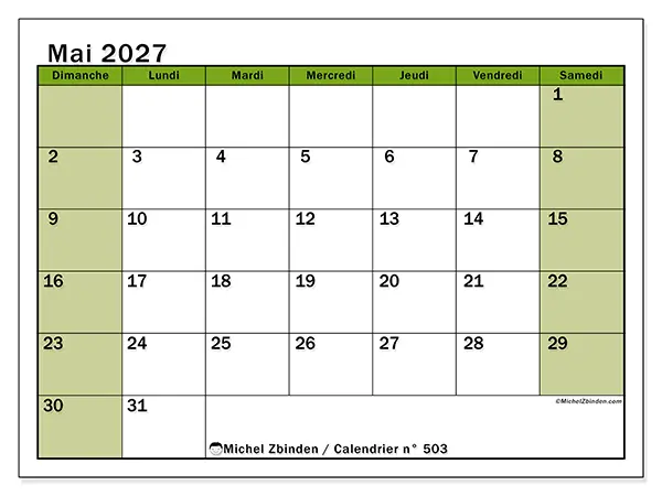 Calendrier mai 2027 à imprimer - Organisation vivante - Semaine du dimanche au samedi