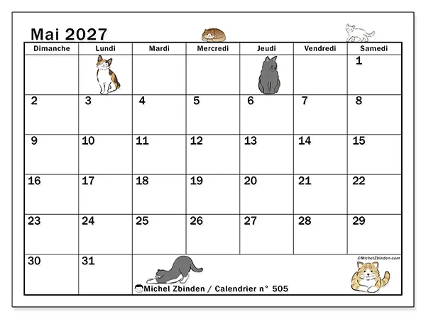 Calendrier mai 2027 à imprimer - Vie de chat - Semaine du dimanche au samedi
