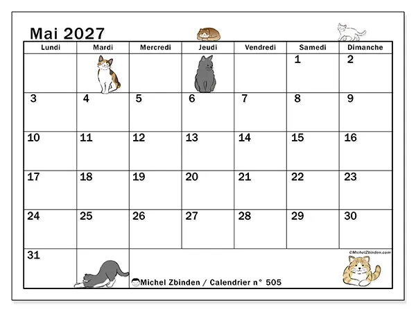 Calendrier mai 2027 à imprimer - Vie de chat