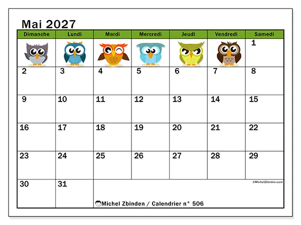 Calendrier mai 2027 à imprimer - Hiboux amusants - Semaine du dimanche au samedi