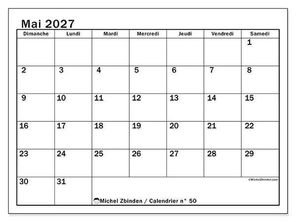 Calendrier mai 2027 à imprimer - Planification optimale - Semaine du dimanche au samedi