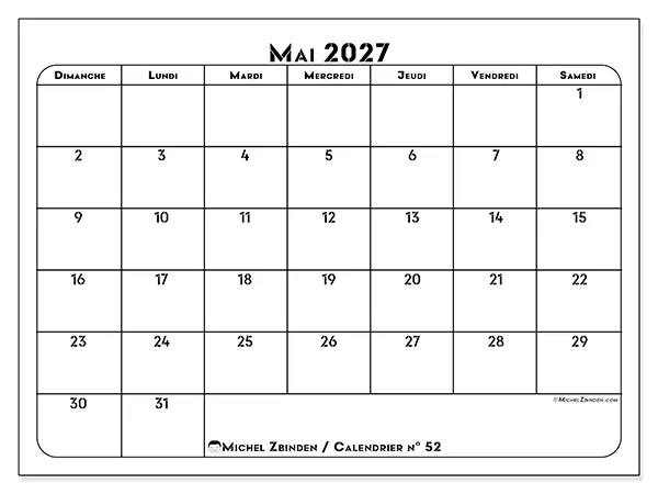 Calendrier mai 2027 à imprimer - Organisation professionnelle - Semaine du dimanche au samedi