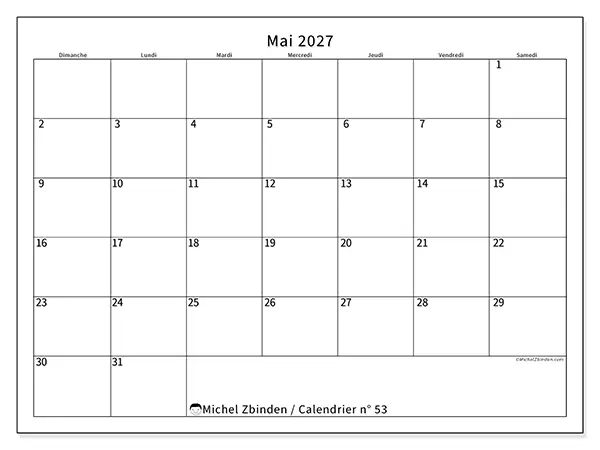 Calendrier mai 2027 à imprimer - Horaire efficace - Semaine du dimanche au samedi