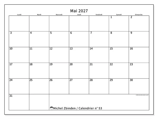 Calendrier mai 2027 à imprimer - Horaire efficace
