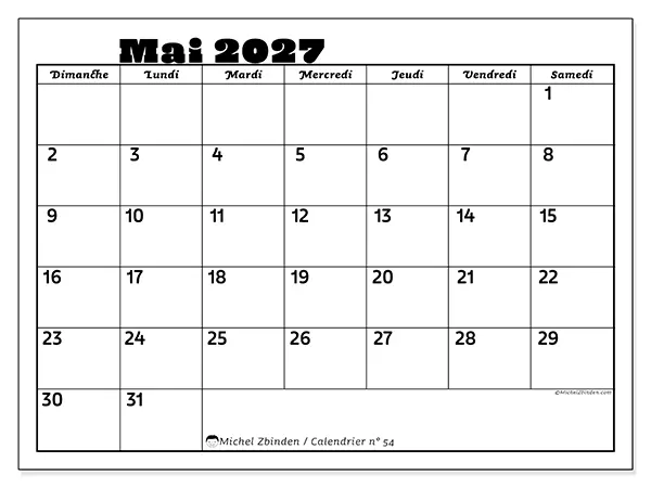 Calendrier mai 2027 à imprimer - Activités en famille - Semaine du dimanche au samedi