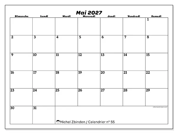 Calendrier mai 2027 à imprimer - Organisation des loisirs - Semaine du dimanche au samedi