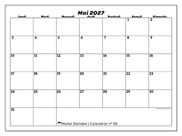 Calendrier mai 2027 à imprimer - Organisation des loisirs