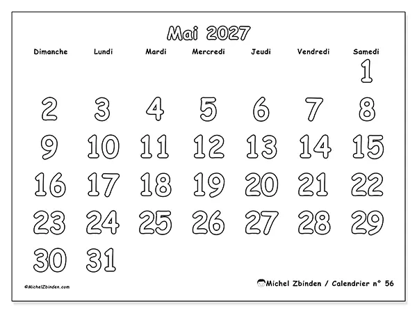 Calendrier mai 2027 à imprimer - Coloriage utile - Semaine du dimanche au samedi