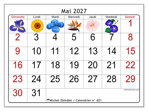 Calendrier mai 2027 à imprimer - Grandes fleurs - Semaine du dimanche au samedi