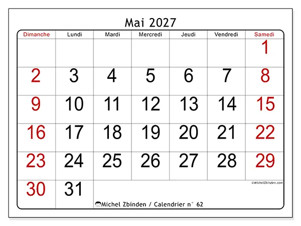 Calendrier mai 2027 à imprimer - Lecture rapide - Semaine du dimanche au samedi