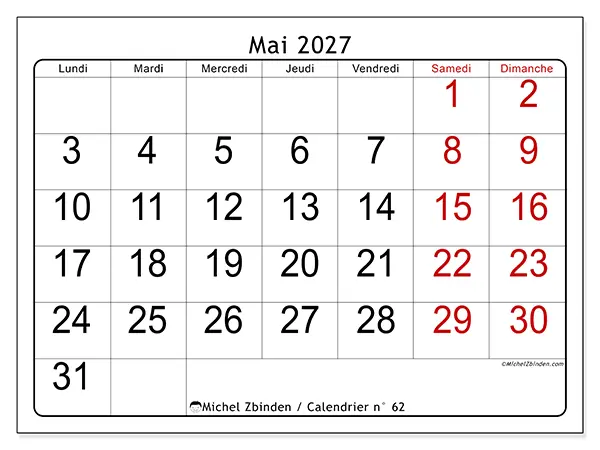 Calendrier mai 2027 à imprimer - Lecture rapide