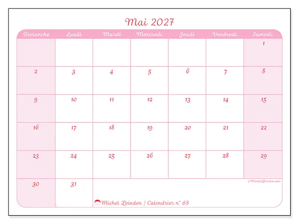 Calendrier mai 2027 à imprimer - Organisation en douceur - Semaine du dimanche au samedi