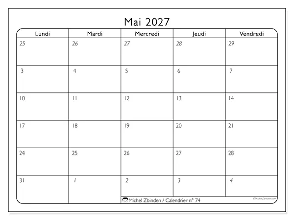 Calendrier mai 2027 à imprimer - Organisation du travail