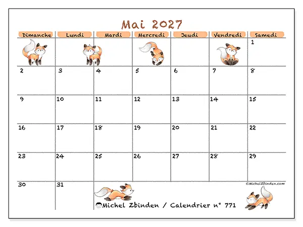 Calendrier mai 2027 à imprimer - Dessins de renards - Semaine du dimanche au samedi