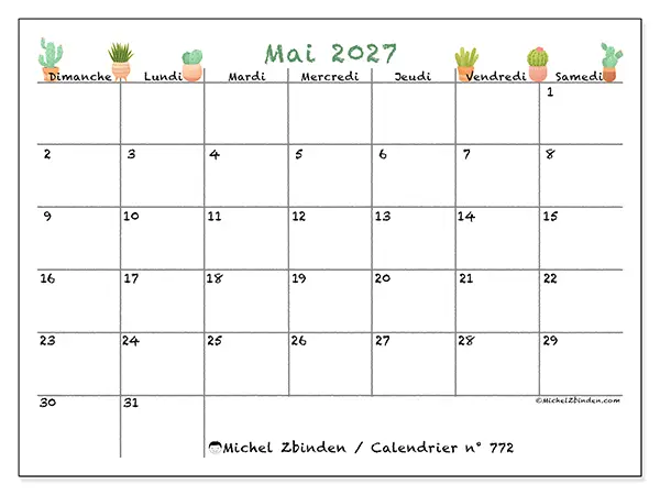 Calendrier mai 2027 à imprimer - Cactus décoratifs - Semaine du dimanche au samedi