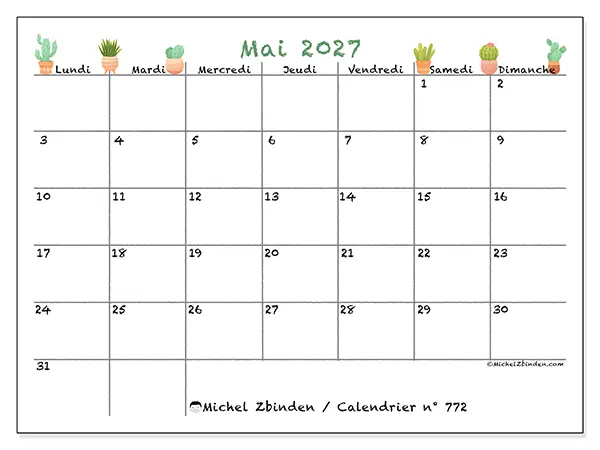 Calendrier mai 2027 à imprimer - Cactus décoratifs