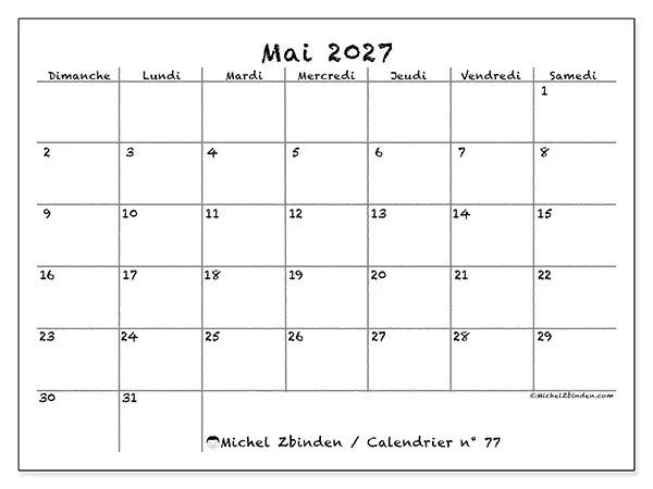 Calendrier mai 2027 à imprimer - École et famille - Semaine du dimanche au samedi