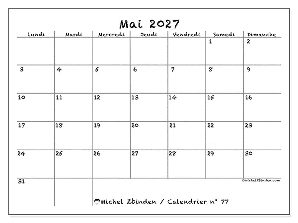 Calendrier mai 2027 à imprimer - École et famille