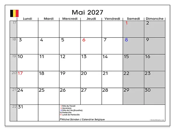 Calendrier mai 2027 à imprimer - Belgique