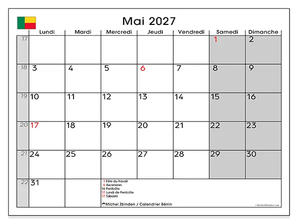 Calendrier mai 2027 à imprimer - Bénin