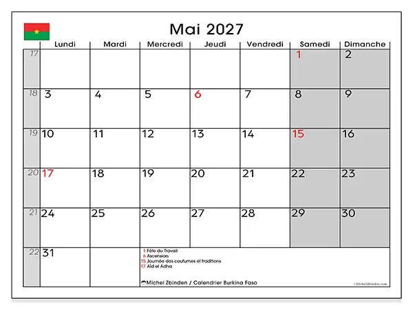 Calendrier mai 2027 à imprimer - Burkina Faso