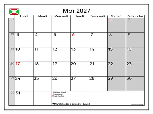 Calendrier mai 2027 à imprimer - Burundi