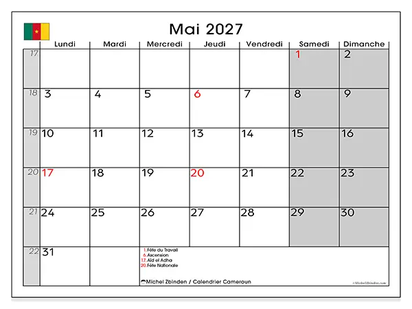 Calendrier mai 2027 à imprimer - Cameroun