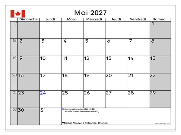 Calendrier mai 2027 à imprimer - Canada