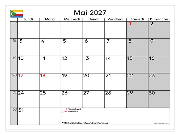 Calendrier mai 2027 à imprimer - Comores
