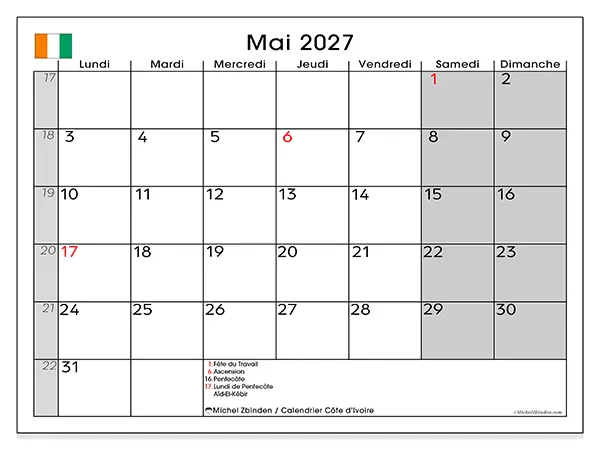 Calendrier mai 2027 à imprimer - Côte d’Ivoire