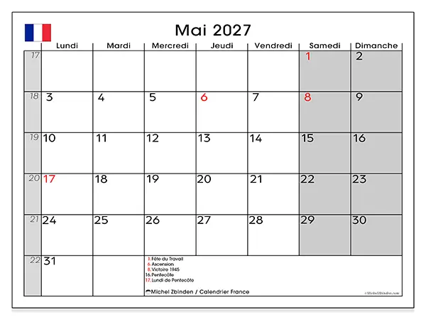 Calendrier mai 2027 à imprimer - France