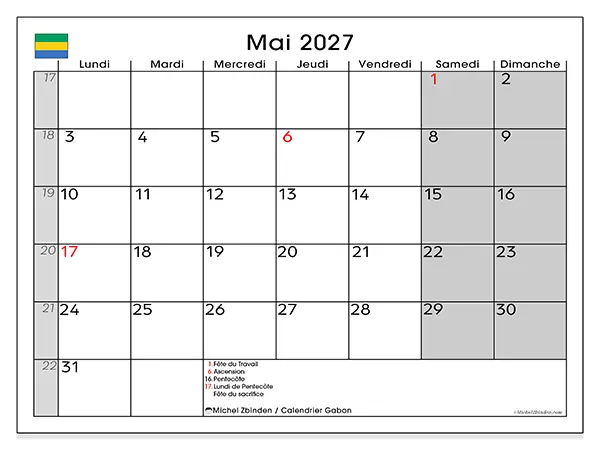 Calendrier mai 2027 à imprimer - Gabon