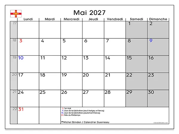 Calendrier mai 2027 à imprimer - Guernesey