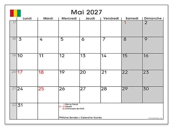 Calendrier mai 2027 à imprimer - Guinée