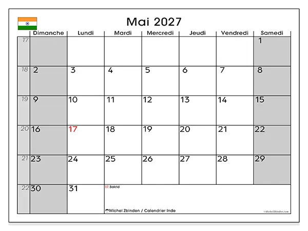 Calendrier mai 2027 à imprimer - Inde