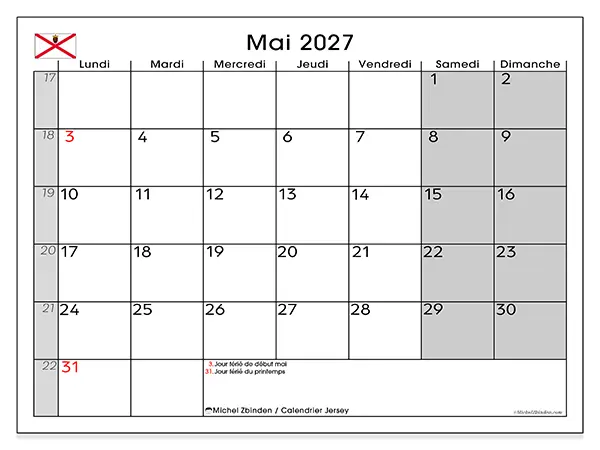 Calendrier mai 2027 à imprimer - Jersey