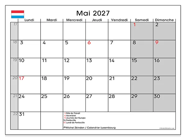 Calendrier mai 2027 à imprimer - Luxembourg