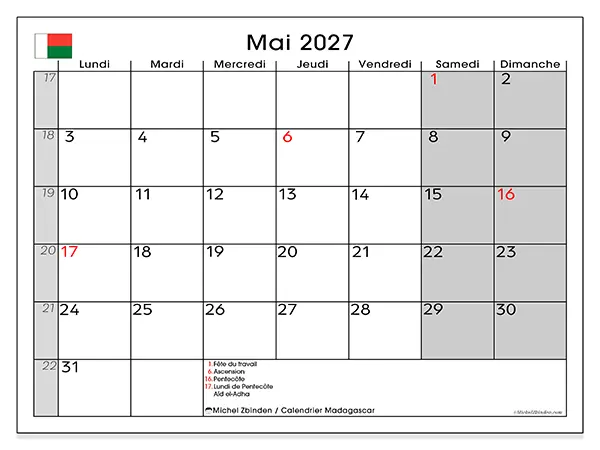 Calendrier mai 2027 à imprimer - Madagascar