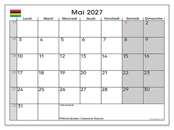Calendrier mai 2027 à imprimer - Maurice