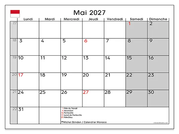 Calendrier mai 2027 à imprimer - Monaco
