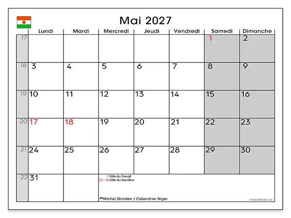 Calendrier mai 2027 à imprimer - Niger