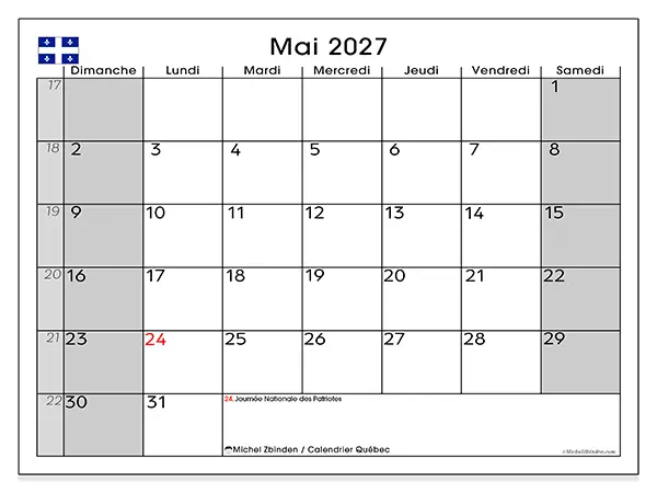 Calendrier mai 2027 à imprimer - Québec