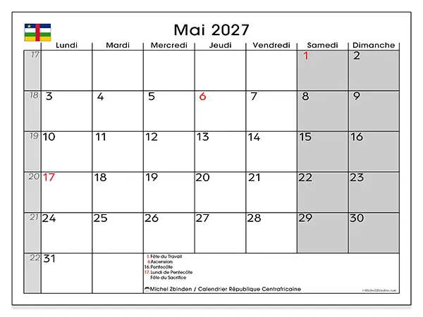 Calendrier mai 2027 à imprimer - République centrafricaine