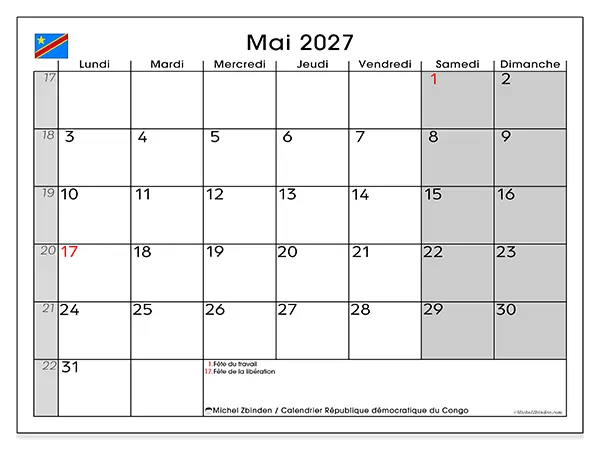 Calendrier mai 2027 à imprimer - République démocratique du Congo