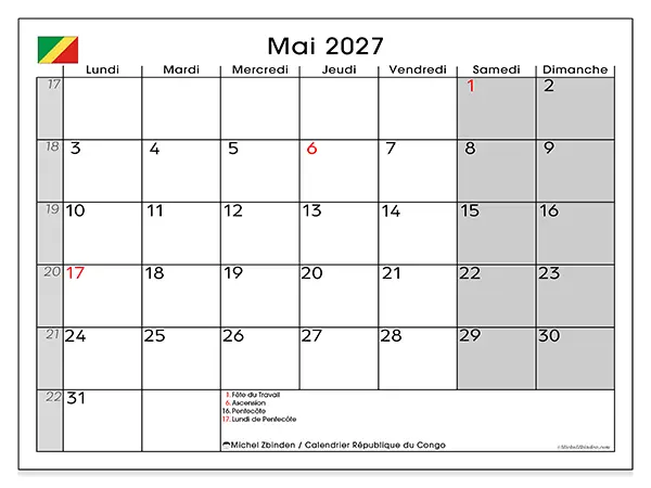 Calendrier mai 2027 à imprimer - République du Congo