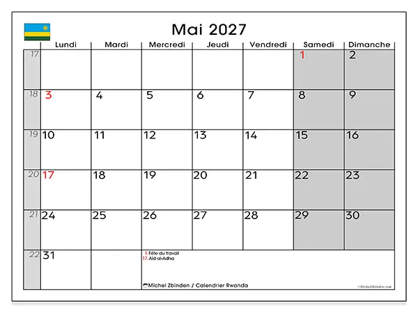 Calendrier mai 2027 à imprimer - Rwanda