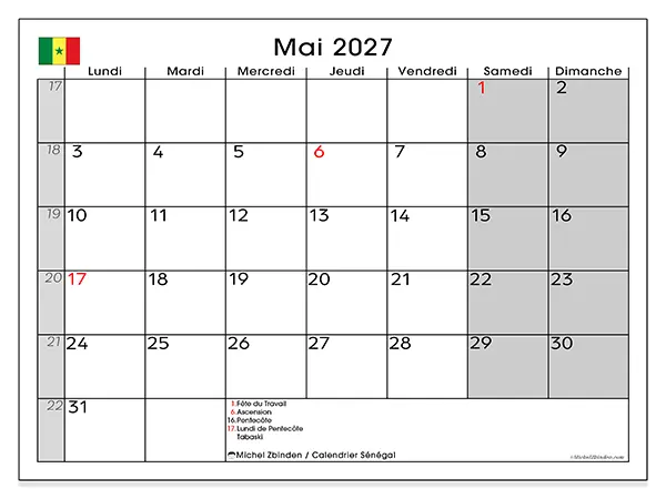 Calendrier mai 2027 à imprimer - Sénégal