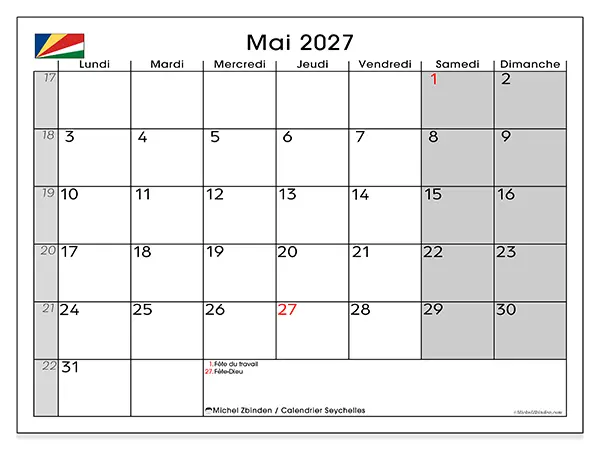 Calendrier mai 2027 à imprimer - Seychelles