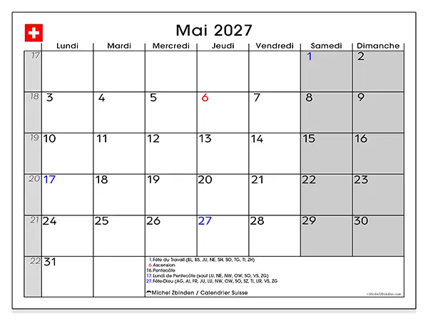 Calendrier mai 2027 à imprimer - Suisse
